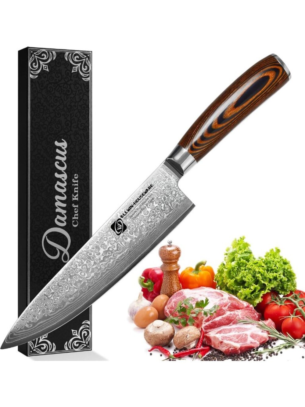 8-Inch Damascus Chef Knife, VG10 Steel, Pakkawood Handle, Kitchen Essential